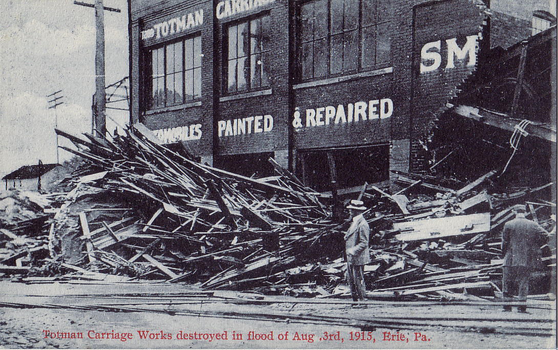 Totman Carriage Works destroyed in flood of Aug 3rd, 1915, Erie PA