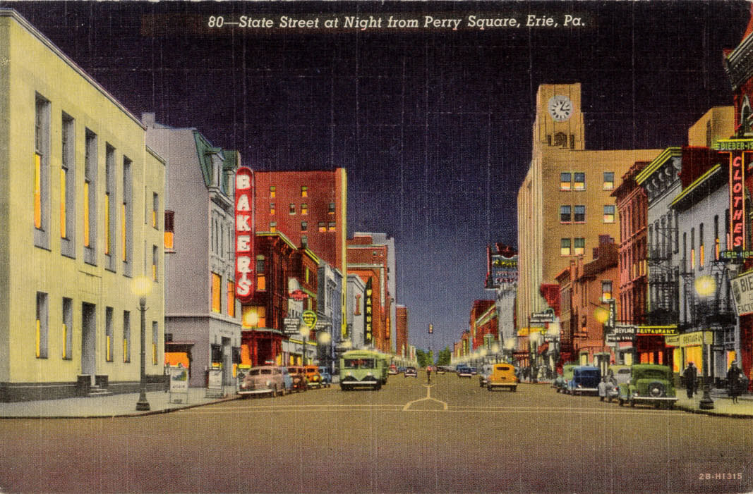 State Street at night from Perry Square, Erie PA