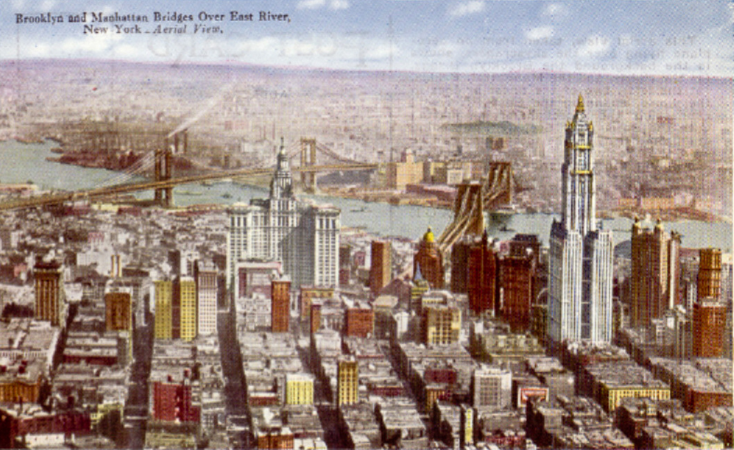 Brooklyn Bridge and Manhattan Bridges over East River, New York Aerial View